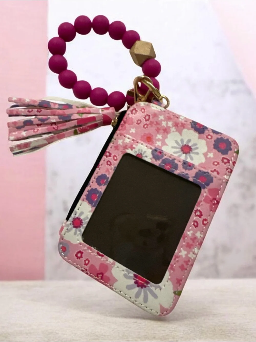 Floral Pink Cardholder Keyring with Beaded Wristlet and Tassel